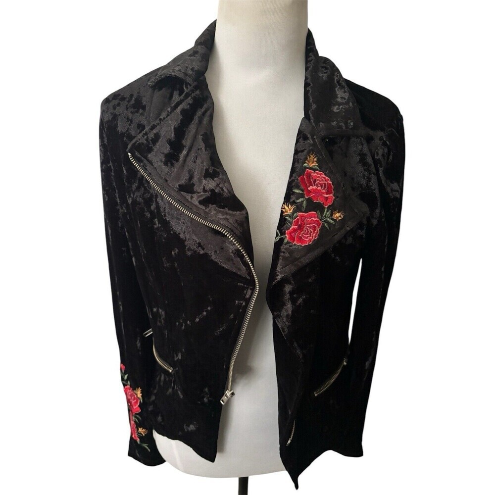 Disney Coco Black Stretch Crushed Velvet Rose Embroidered Whimsigoth Moto Jacket
